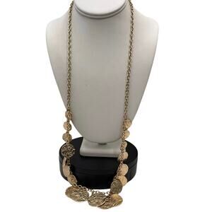 Banana Republic Signed Gold Tone Long Textured Coin Dangle Long Toggle Necklace